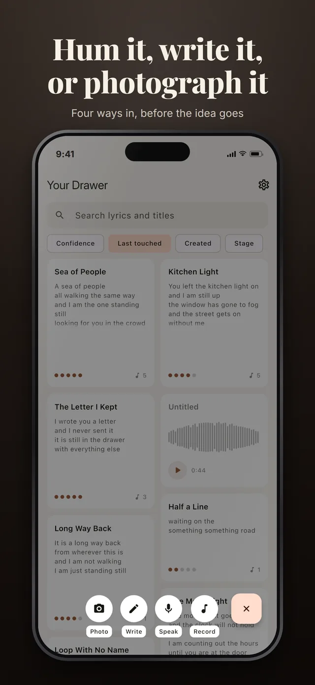 The capture button opened into four: photograph a page, write, speak, or record. Each is one tap from the drawer.