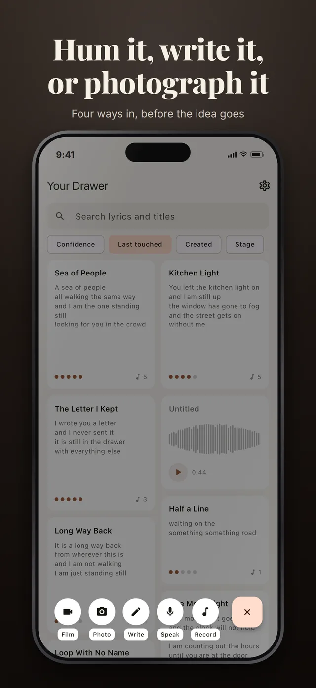 The capture button opened into five: film, photograph a page, write, speak, or record. Each is one tap from the drawer.