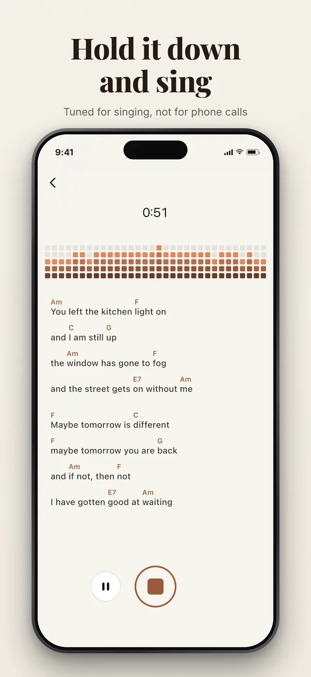 The recording screen mid-take, the level meter moving above the song's words with their chords over them, so the song can be sung from it.