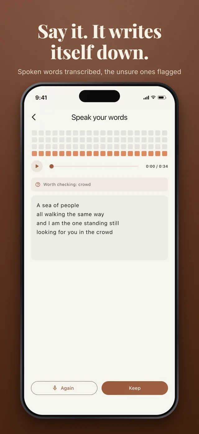 A spoken take written down, with the one word the reading was unsure of flagged above the text, and the take itself playable beneath the words.