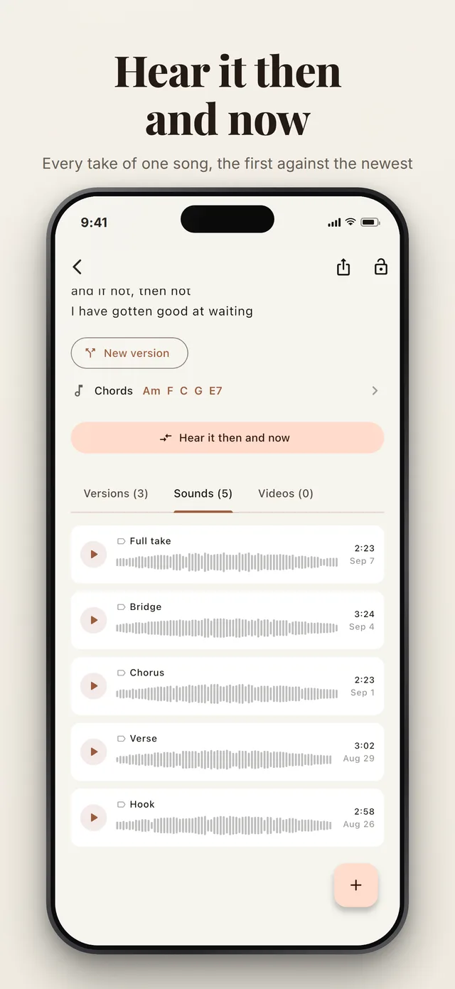 The Sounds tab of one song: five takes named verse, chorus, bridge and full take, each with its waveform, length and date.