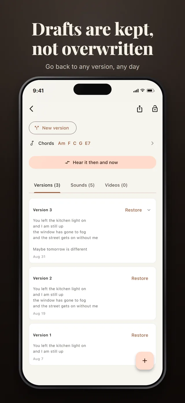 The Versions tab of the same song: three lyric drafts kept side by side, each dated, each with a Restore button.